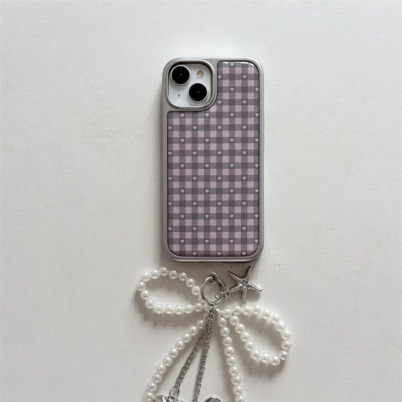 Phone Cases Korea - Roze Paars Hartvormige Geruite Koreaanse ins
