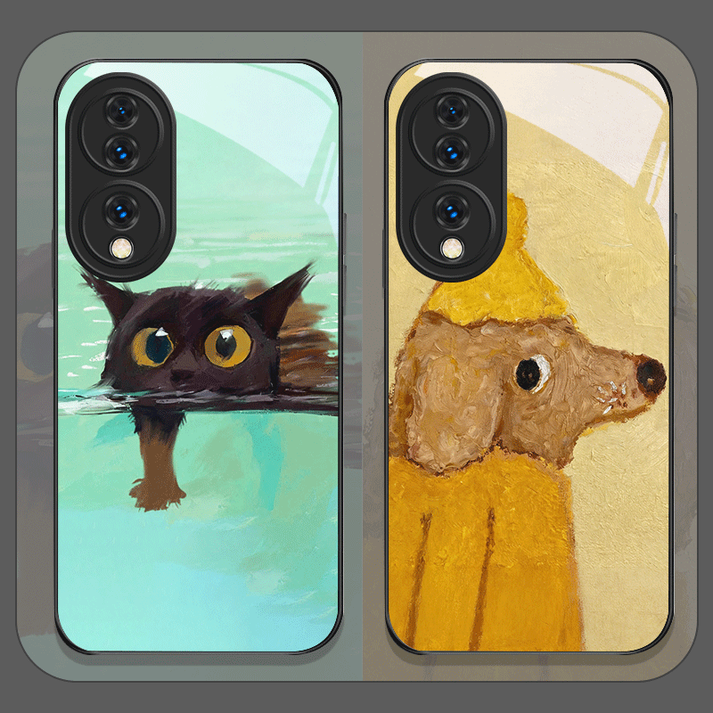 Phone Cases Yellow - Olieverfschilderij Gele Hond Zwarte Kat Gehard