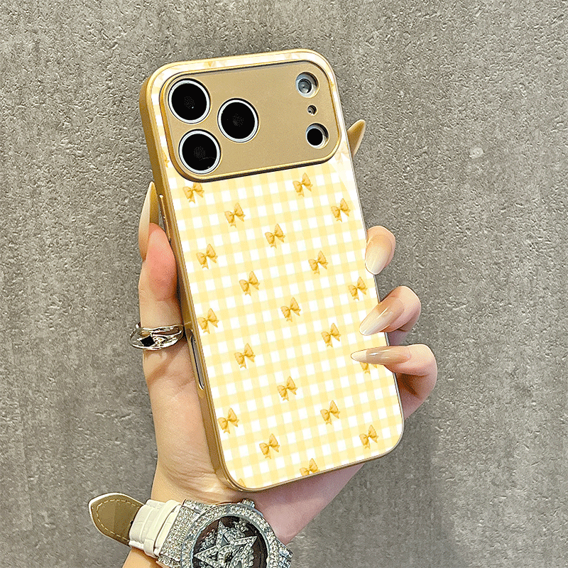 Phone Cases Yellow - Pastelgeel geruit telefoonhoesje met strikdecoratie, krasbestendig