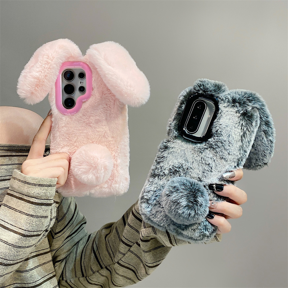 Phone Cases For Samsung Galaxy - Schattige Konijnenoren Pluizige Stand Telefoon Case